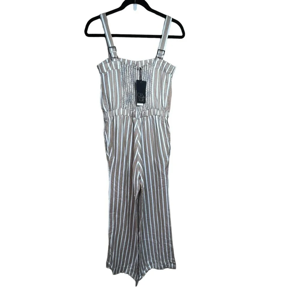 Chaser Wide Leg Tie Waist Jumpsuit Tan, White‎ Stripe Extra Small NWT Miss Belt